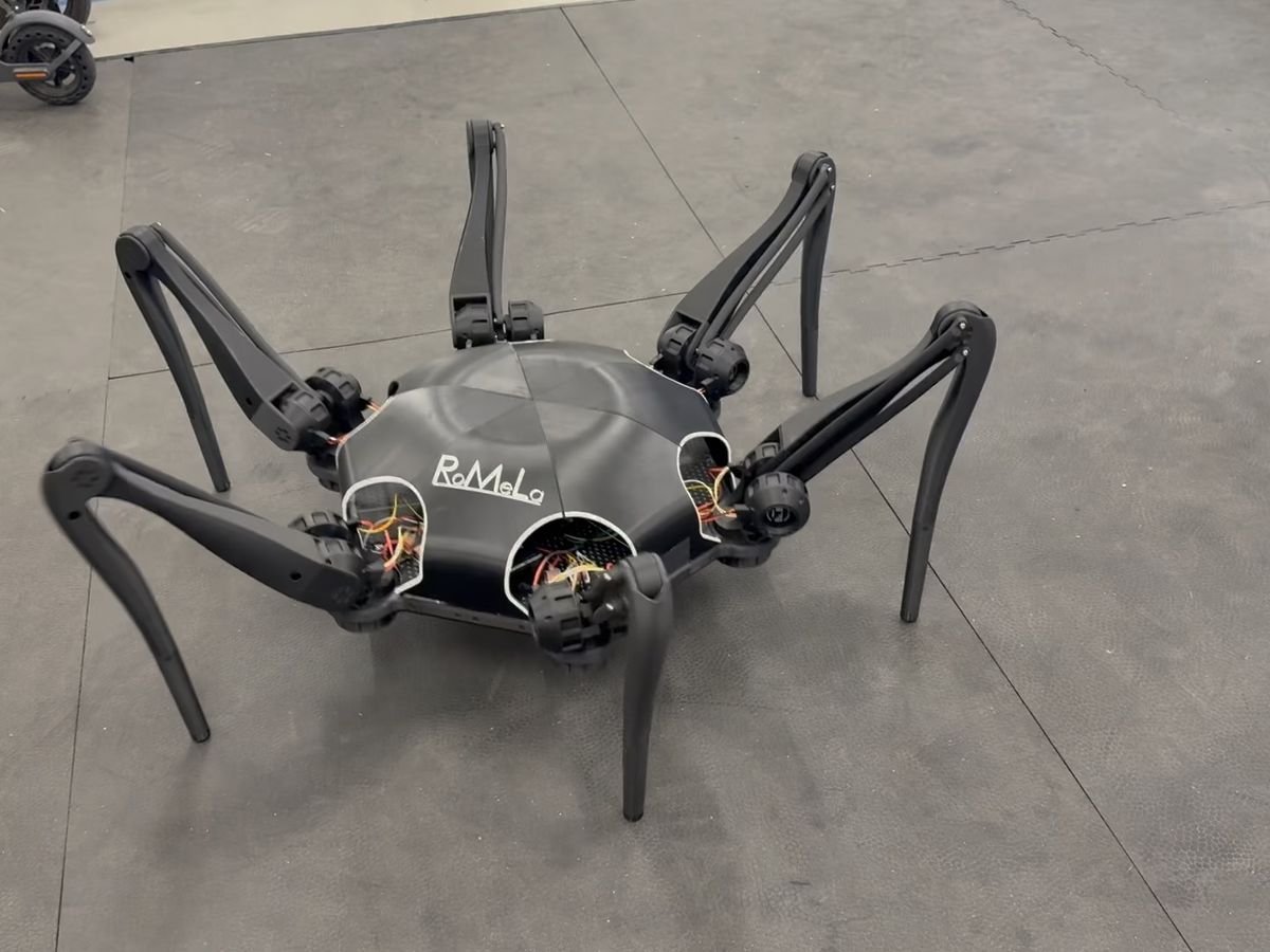 The black six-legged hexapod robot built as a possible rough-terrain platform for Food Angel