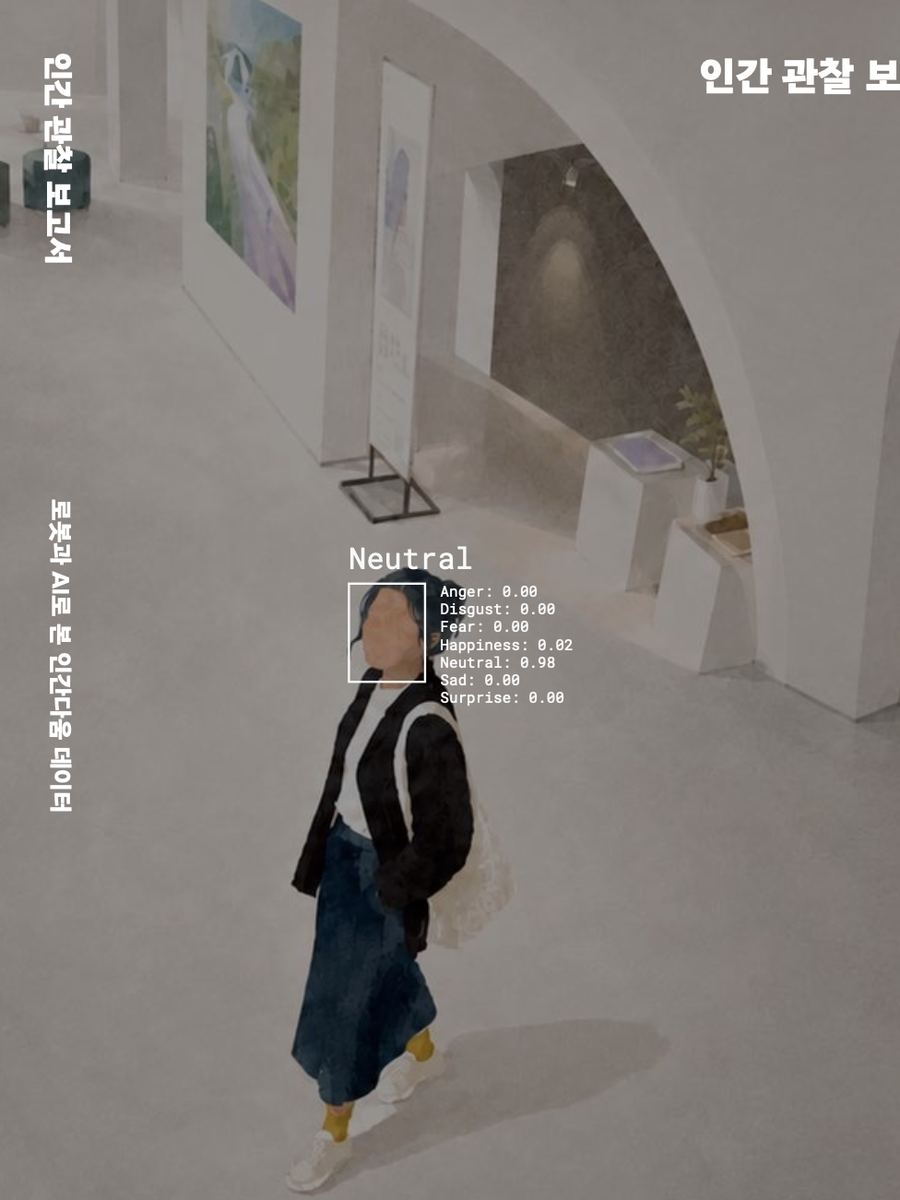 Cover of the Korean book 인간 관찰 보고서, showing a woman in a museum gallery tagged by an emotion-recognition box